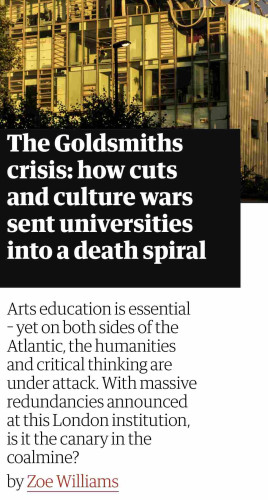 Screenshot of top of this article

The Goldsmiths
crisis: how cuts
and culture wars
sent universities
into a death spiral
Arts education is essential
- yet on both sides of the
Atlantic, the humanities
and critical thinking are
under attack. With massive
redundancies announced
at this London institution,
is it the canary in the
coalmine?
by Zoe Williams