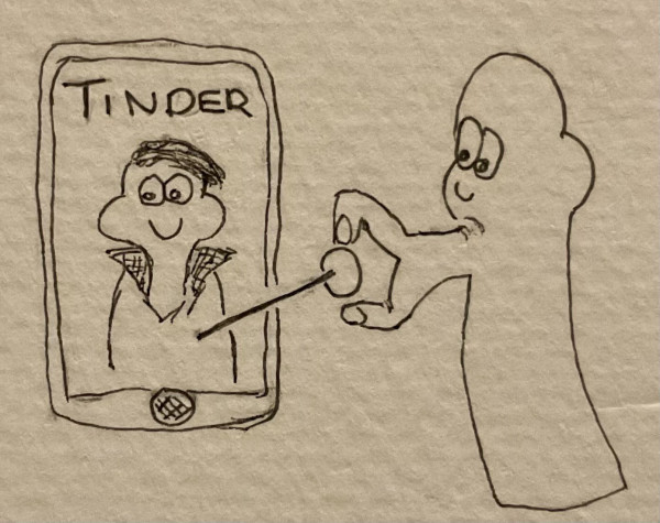 A cartoon character is depicted sticking a pin into the heart of a Tinder profile picture that is shown on a smartphone screen.