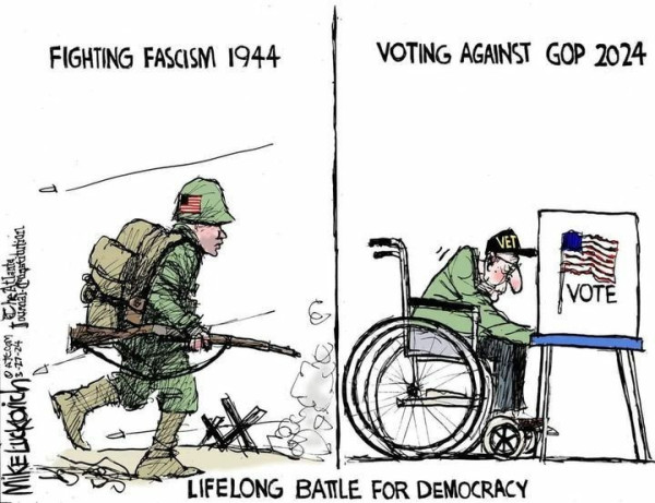 Cartoon showing young soldier Fighting #Fascism in 1944 and old veteran voting out the #Fascist #GOP in 2024!