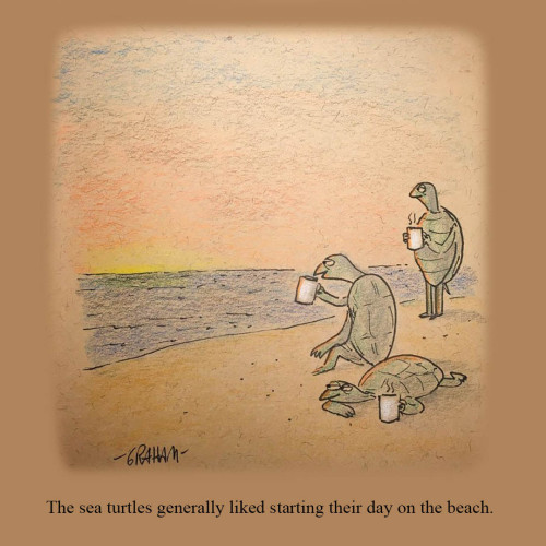 A cartoon illustration of sea turtles on a beach enjoying coffee while they watch the sun rise over the ocean.