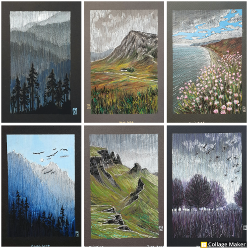 A photo collage of some of my landscape drawings.  A forest in the hills, Glencoe, a beach and seascape with sea thrift flowers, a mountain scene with birds flying over, The Quiraing on the Isle of skye and an early morning park scene with trees. 