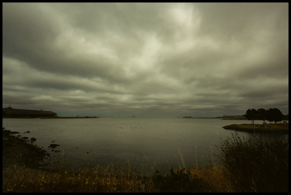 A dark, brown and nearly colorless view of an inlet on the bay, under heavily clouded skies. 

On the shore on the right, a few trees at a picnic area. On the shore on the left, a long 2-story garbage recycling facility. Nature is beautiful! 

The marine layer clouds were thick and the wind cold. 