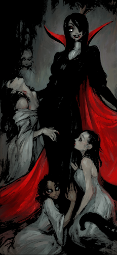 An art piece of a vampire queen with several thralls at her feet. 