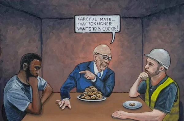 Rupert Murdoch telling a white worker that the brown foreigner he's pointing at is after his cookie while Murdoch sits with a huge plate of cookies. Illustration