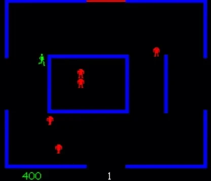 Animated gif of Berzerk video game from 80s, complete with blocky robots and the bouncing ball known as Evil Otto.