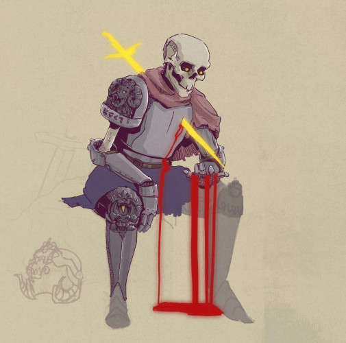work in progress illustration of a skeleton knight, sitting and looking at their palm. a spectral sword is piercing their chest and blood appears to be running from the wound and from their hand