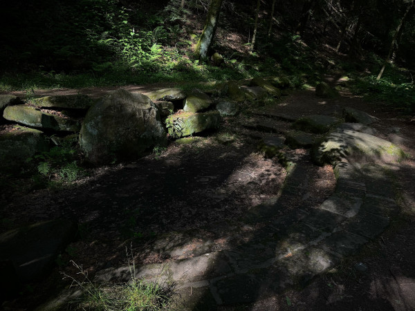 Three semi circular concentric rings of stone, one level higher than another like stairs, leading down to a patch of dirt in front of a larger boulder with carvings. Like a mini forest amphitheater. There is a trail above that larger boulder that cuts through the area. Everything is covered in moss and very shaded from the surrounding hemlock forest. 