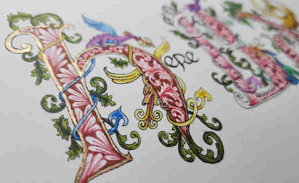 An ornate H decorated with leaves and vines, coloured in red and outlined in gold, with two small dragons curling around it