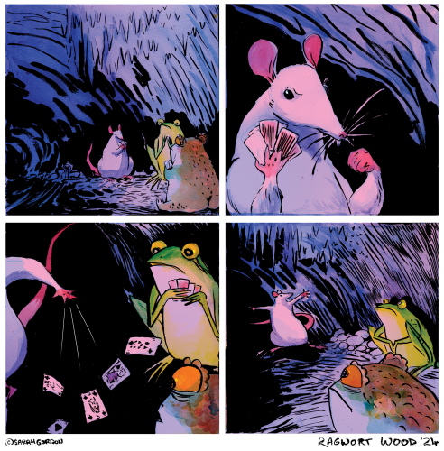 A four panel comic depicting a white rat and his two amphibian friends. In panel one, they are sitting playing cards. In panel two: it's apparent that our rat friend has grown bored of cards - it's been over a fucking year in real time since we last saw these guys so I'm not surprised. In panel 3 he slaps an extremely good hand of cards to the floor in frustration. In panel 4 he gestures off-panel to his amphibious friends. It is time to get up and go.