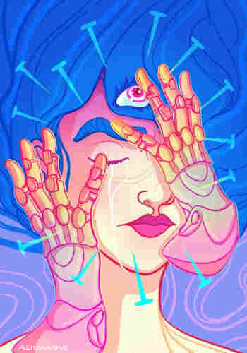 Surreal illustration of the face of a woman in vibrant colors. Only half of her face is visible, the rest obscured by her electric blue hair and a pair of gauntlets that try to protect her against the pins that represent her pain.