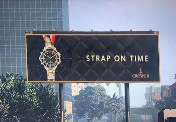 A billboard with a watch on it. The background of the billboard is a black diamond pattern. A woman's fingers are hold in the wrist strap on the top of the billboard picture. The fingernails are painted red. The text on the billboard reads: Strap on time. Crowex.
