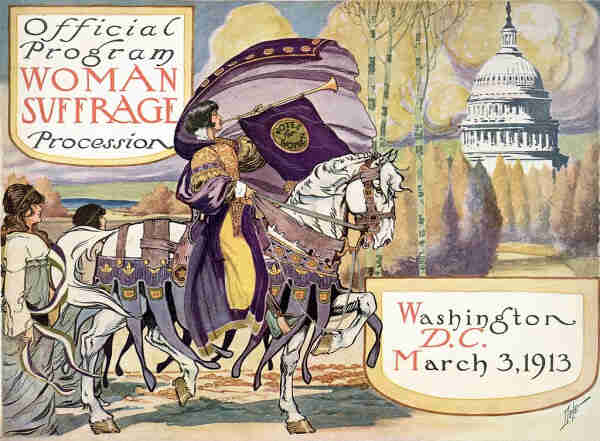 Official program for the Woman Suffrage Procession in Washington, D.C., March 3, 1913, showing a woman in a gold and purple brocaded gown, on horseback, blowing a long horn with a banner that says “Votes for Women.” She is followed by two other women. By Benjamin Moran Dale (1889–1951), for the National American Women&#039;s Suffrage Association; restored by Adam Cuerden - This image is available from the United States Library of Congress&#039;s Rare Book and Special Collections Divisionunder the digital ID rbpe.20801600.This tag does not indicate the copyright status of the attached work. A normal copyright tag is still required. See Commons:Licensing for more information., Public Domain, https://commons.wikimedia.org/w/index.php?curid=81341836