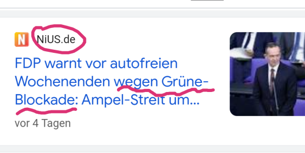 Screenshot von vor 4Tagen: Reichelts "NIUS" titelt: "FDP warnt vor autofreien Wochenenden wegen Grüne-Blockade" 