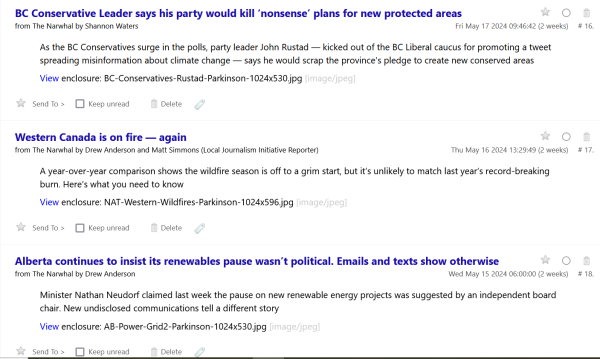 Three consecutive headlines from The Narwhal's RSS feed:
"BC Conservative Leader say his party would kill 'nonsense' plans for new protected areas"
"Western Canada is on fire -- again"
"Alberta continues to insist its renewables pause wasn't political. Emails and texts show otherwise."