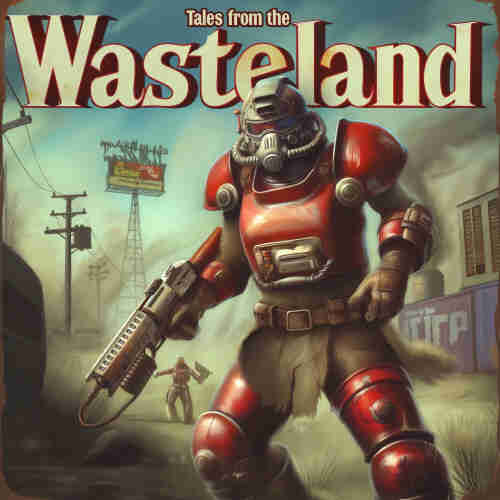 A stylized cover for a fictional publication titled “Tales from the Wasteland.” It features a large, imposing figure in a red power armor suit that has a retro-futuristic design, reminiscent of mid-20th-century space gear. The helmet has a circular visor, and the character is holding a large, detailed energy weapon in its right hand. Behind this figure, a smaller person in similar armor is seen in the background, set against a desolate landscape with a muted color palette, hinting at a post-apocalyptic setting. In the sky, a dilapidated billboard and power lines suggest a world that has seen better days. The overall aesthetic combines elements of vintage science fiction with a post-apocalyptic theme.