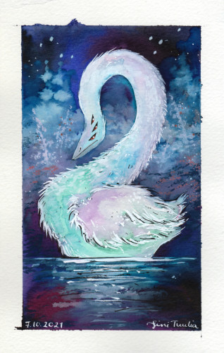 A colourful and impressionistic very very small painting of a sort of swan monster with a thick neck, ruffled feathers, a mouth with the implication of teeth instead of a beak, and six red eyes. It's floating on the suggestion of reflective water, with washes and blobs of ink creating a sort of forest lake background. The colours are blue, teal and white with touches of red.