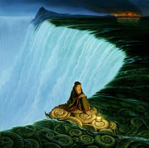 With knees up and hands folded over them, a woman in hooded robes, black trimmed in red, sits with her back to the edge of a massive waterfall. A lantern set at her feet illuminates the raised wedge of ammonite fossils upon which she sits. More are visible beneath the surface of green water flowing around her little island. The massive scale of the falls can be seen as the cliff's edge retreats to reveal a crescent of frothing cascade. In the far distance, flames consume what looks like an ancient city with onion domed buildings in silhouette. Fire tilts on a diagonal as if caught by strong winds. The trail of smoke darkens the night sky.
