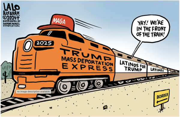 Lalo Alcaraz's cartoon commentary on Latinos voting for Trump