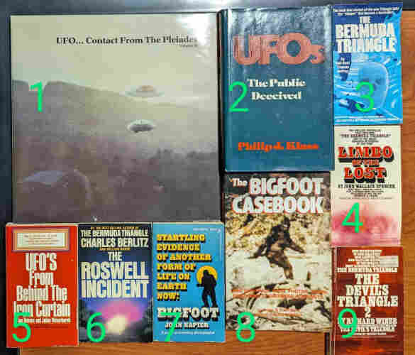 9 different used vintage books on UFOs, Bigfoot, and The Bermuda Triangle