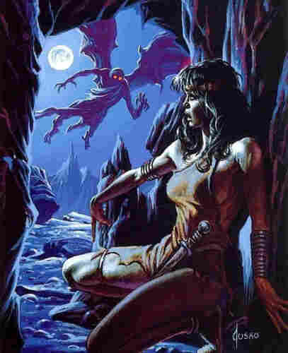 A piece by Joe Jusko. A female warrior is in a cave, and a large dark winged figure with red eyes is flying outside the cave. 