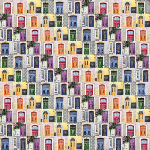 Collage of Lisbon doors in all the colors of the rainbow.