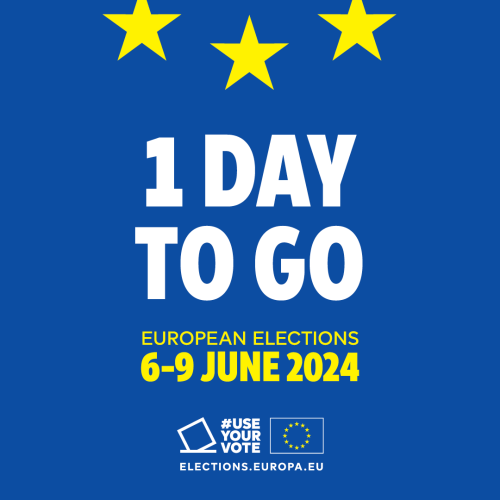 Image of a blue European background with a countdown timer displaying 1 day to go to the European election, 6-9 June 2024 in bold, white text, emphasizing the importance of the upcoming vote. 