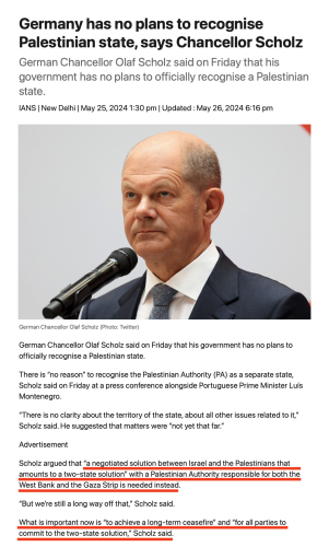 Scholz argued that “a negotiated solution between Israel and the Palestinians that amounts to a two-state solution” with a Palestinian Authority responsible for both the West Bank and the Gaza Strip is needed instead.

“But we’re still a long way off that,” Scholz said.

What is important now is “to achieve a long-term ceasefire” and “for all parties to commit to the two-state solution,” Scholz said.
