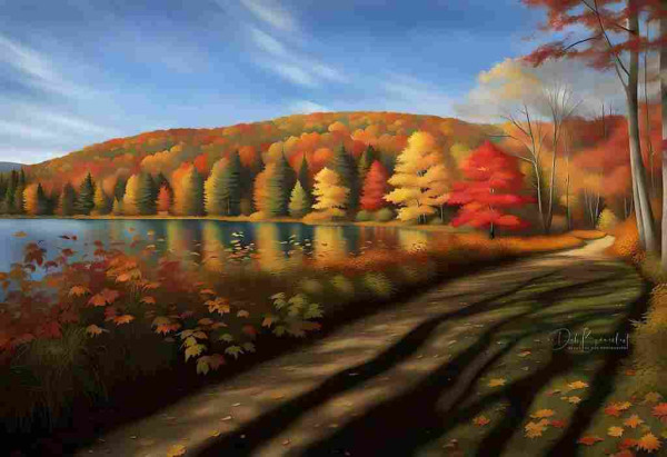 A digitally painted scene from a photograph showing a tranquil path around Abbott Lake at the Peaks of Otter, surrounded by a brilliant display of autumn foliage, with long shadows cast by the rising sun.  Image at:  https://beautifulsunphotography.com/featured/autumns-golden-echo-at-abbott-lake-deb-beausoleil.html See more art & blog at: https://beautifulsunphotography.com/ https://debbeautifulsunphotography.com/ https://www.zazzle.com/store/beautifulsun_designs https://debbeausoleil.com