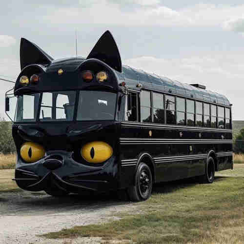 Not a real cat, a school bus that's been heavily modded. Painted all  black, with yellow eyes for headlamps. There are 2 big cat ears above the warning flashers.