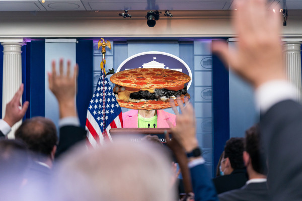 A press conference in the White House briefing room. The press secretary has been replaced with a woman's torso topped with a 'pizzaburger' (a hamburger patty between two pepperoni pizzas) in place of a head.
