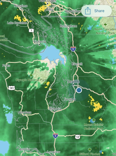 Radar map for western Washington including part of Oregon and British Columbia. The map is about 90% green (rain) with some bits of yellow (serious rain). It is raining. 