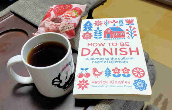 The photo is of a couch divider. The couch is grey, the divider brown plastic. On the divider is a white coffee mug of black coffee & a graffiti-esque D is visible. To the left is the white paperback book with red & blue illustrations of trees, flowers, circle shapes, birds, cherries, & a barn  Above the book is a red & pink strawberry donut in packaging