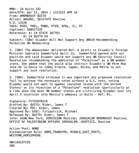 MRN: 24 Quito 332 Date/DTG: Apr 13, 2024 / 131332Z APR 24 From: AMEMBASSY QUITO Action: WASHDC, SECSTATE Routine E.0. 13526 TAGS: PGOV, PREL, PUND, PTER, KPAL, IL, EC Captions: SENSITIVE Reference: A) 24 STATE 387761

B) 24 QUITO 59 Subject: (SBU) Ecuador Will Not Support Any UNSCR Recommending Palestine UN Membership 1. (SBU) The Ambassador delivered Ref. A points to Ecuador's Foreign Minister Gabriela Sommerfeld April 12. Sommerfeld agreed with our position and said Ecuador would not support any UN Security Council Resolution recommending the admission of "Palestine" as a UN member state. She added that she would also instruct Ecuador's UN Perm Rep Jose de la Gasca to lobby France, Japan, Korea, and Malta to not support any such resolution. 2. (SBU). Sommerfeld stressed it was important any proposed resolution fail to achieve the necessary votes without a U.S. veto, noting Ecuador would not want to appear isolated (alone with the United States) in its rejection of a "Palestine" resolution (particularly at a time when the most UN member states are criticizing Ecuador over its April 5 incursion into Mexico's embassy in Quito - Ref. B). Signature: FITZPATRICK Drafted By: QUITO: Rider, James T Cleared By: POL: Rider, James Approved By: EXEC: Fitzpatrick, Michael Released By: QUITO: Rider, James T Info: USUN New York, USMISSION Routine; JERUSALEM AMEMBASSY Routine; OFFICE OF PALESTINIAN AFFAIRS JERUSALEM, USOFFICE, Routine Action Post: NONE 