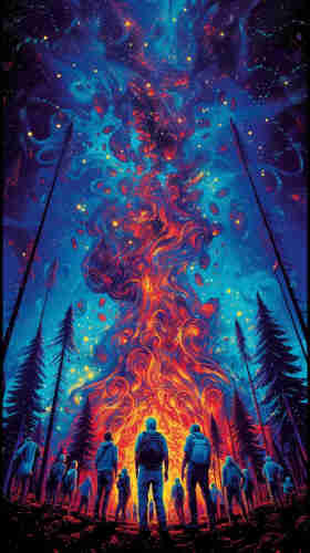 A group of people standing in a forest at night, gazing at a massive, fiery phenomenon before them. The sky above is a tapestry of stars and cosmic matter, while the central focus is a towering, swirling pillar of flames, reaching up into the heavens. The fire’s colors are a mix of deep reds, oranges, and yellows, creating a striking contrast with the dark blue of the night sky. The flames twist and curl in a way that mimics the natural spiraling of galaxies, blending the forest fire with celestial imagery. The onlookers are illuminated by the fire’s glow, highlighting their awe-struck silhouettes against the natural backdrop.