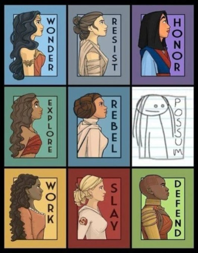 "She Series Poster 1" by artist Karen Hallion, with one small modification.

The poster is a 3x3 grid of panels, each with a fictional female character and an inspiring word.

1st row: Wonder Woman (Wonder), Rey from Star Wars (Resist), Mulan (Honor)
2nd row: Moana (Explore), Princess Leia (Rebel), and the third portrait has been replaced with "What's Her Face" from Teen Girl Squad (Strong Bad's comic from Homestar Runner) with the caption "Possum"
3rd row: Angelica Schuyler from Hamilton (Work), Buffy the Vampire Slayer (Slay), Okoye from Black Panther (Defend)
