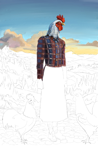 Chicken woman’s bodice is pretty much done. I also did the blue sky with golden pink clouds on the horizon. 