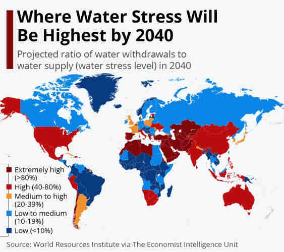 Map of the world showing where water stress will be the highest by 2040. Danger levels are expected to be extremely high throughout much of northern Africa, southern Europe, the Middle East, and southern Asia.