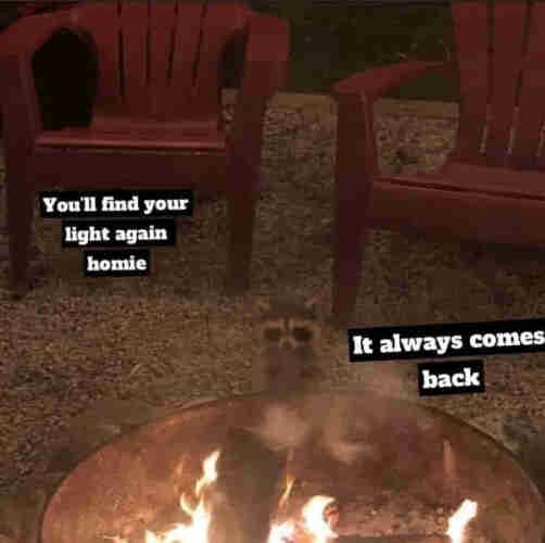 Two empty chairs sit around a campfire with a raccoon over at the fire warming itself
Besides one chair is text that says "You'll find your light again homie"
Besides the second chair is text that says" It always comes back"