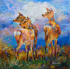 Bit abstract bright coloured painting of three brown deer with some colourful touches to them, standing in a field covered with high green and yellow grass. The sky is blue with a large white cloud en some clouds in shades of purple, orange and yellow. 