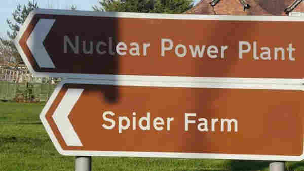 Two brown road signs, one on top of the other, reading NUCLEAR POWER PLANT and SPIDER FARM, both pointing in the same direction.