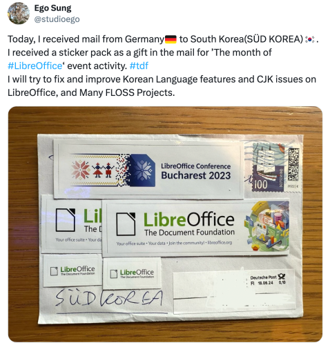 Screenshot from X, showing a Korean user's sticker pack from the Month of LibreOffice, May 2024
