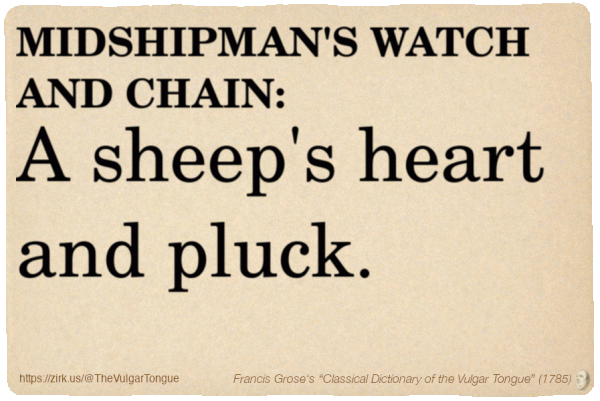 Image imitating a page from an old document, text (as in main toot):

MIDSHIPMAN'S WATCH AND CHAIN. A sheep's heart and pluck.

A selection from Francis Grose’s “Dictionary Of The Vulgar Tongue” (1785)
