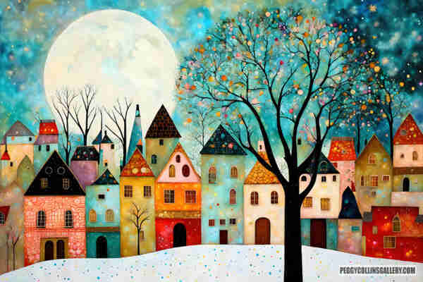Colorful whimsical artwork of the full moon shining over the Village of Quirk in winter, by artist Peggy Collins.