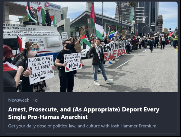 Newsweek article with headline, "Arrest, Prosecute, and (As Appropriate) Deport Every Single Pro-Hamas Anarchist" 