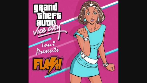 The CD cover for Flash FM, featuring the iconic line art of GTA depicting Toni, the party-girl DJ.
