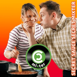 promo image for a "Secret Mixter" event at ccMixter
Image of a man and woman cooking, man tasting the food with a look of shock and delight, ccMixter logo in the bottom middle, "Secret Sauce Secret Mixter" written along the righthand side.