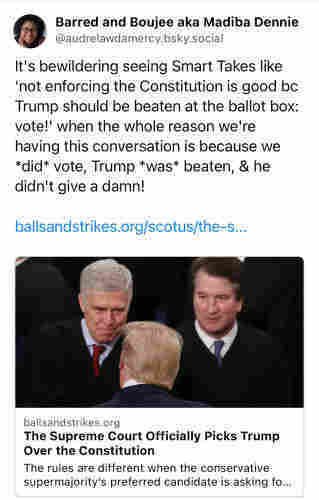Screenshot of a Bluesky post by @audrelawdamercy.bsky.social: “It's bewildering seeing Smart Takes like 'not enforcing the Constitution is good bc Trump should be beaten at the ballot box: vote!' when the whole reason we're having this conversation is because we *did* vote, Trump *was* beaten, & he didn't give a damn!”