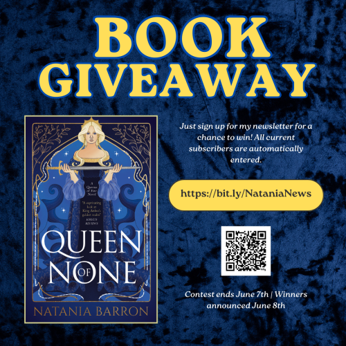 A promotional graphic that reads "Book Giveaway" with a picture of the cover of Queen of None (which features a blonde woman holding a sword, wearing a blue dress). There is a link https://bit.ly/NataniaNews and a QR code. The contest ends 7th June.