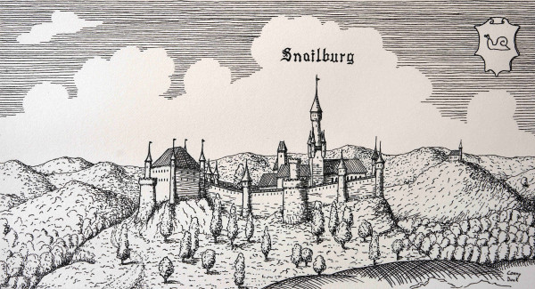 An ink drawing showing Castle Snailburg from the side on a hill.