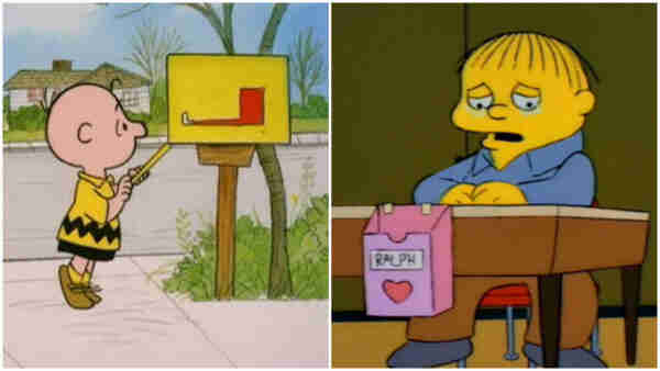 Two images. Left side is Charlie Brown looking into an empty mailbox. Right side is Ralph Wiggum sitting at his desk with an empty Valentine box and tears in his eyes. 